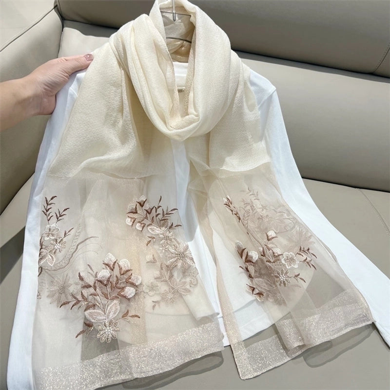 Women's Elegant Flower Polyester Embroidery Silk Scarf