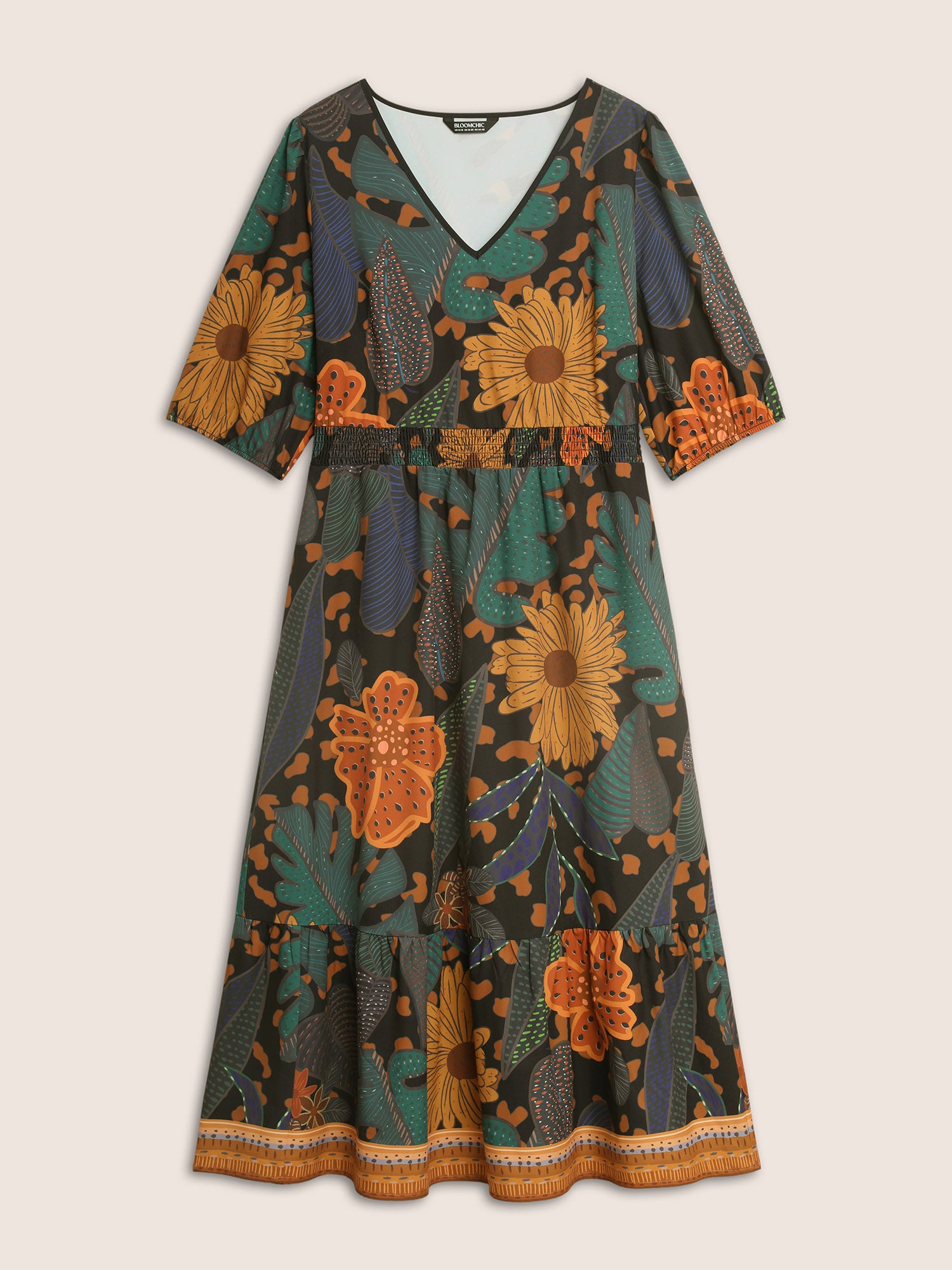 Floral Shirred Lantern Sleeve Midi Dress