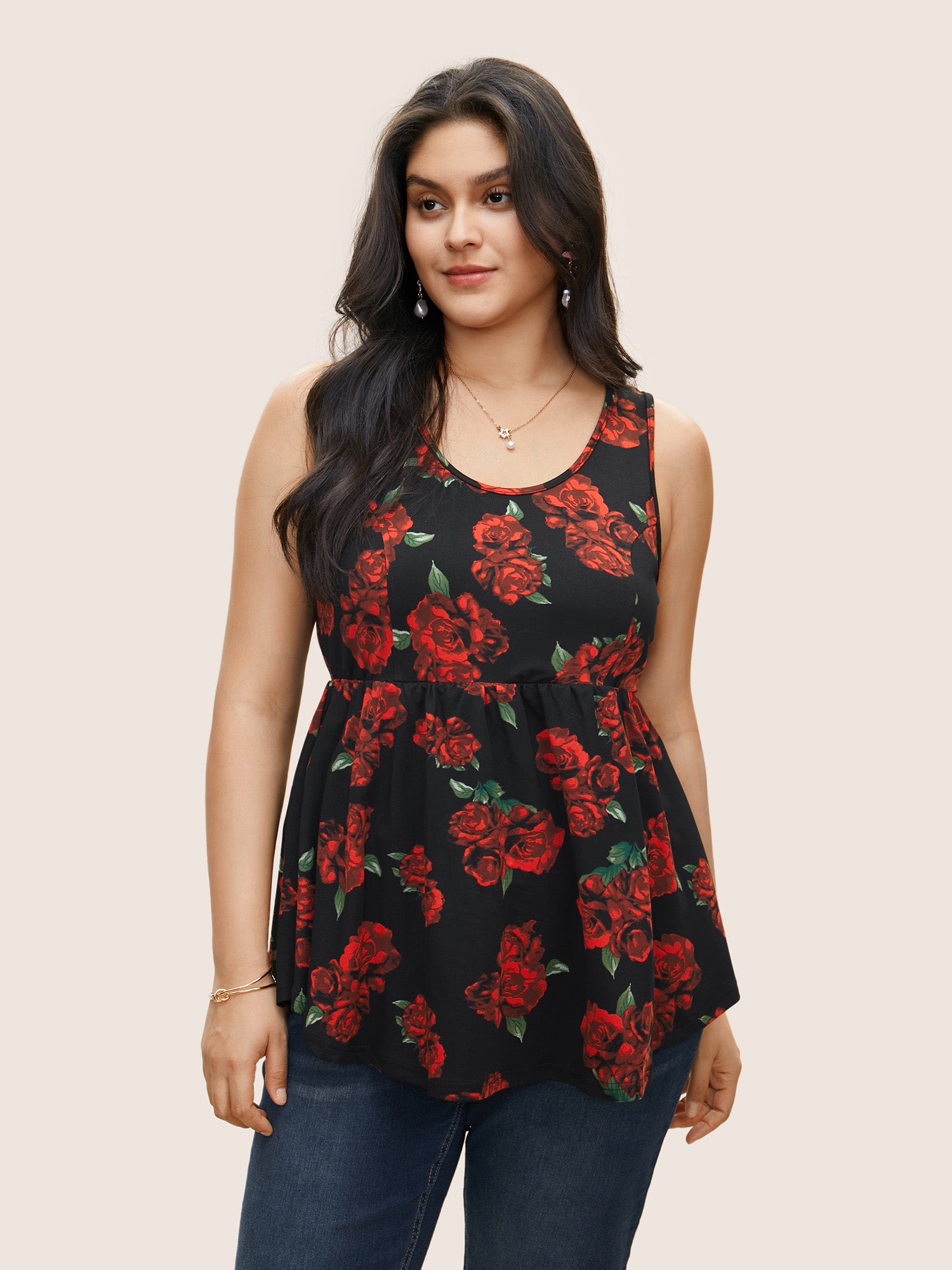 Roses Print Elastic Waist Gathered Tank Top