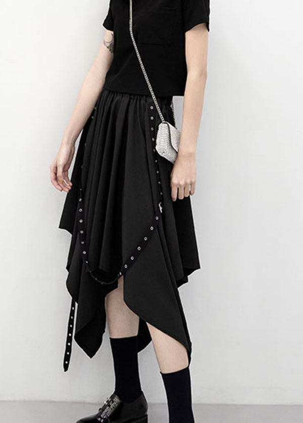 Streetwear Black Elastic Waist Asymmetrical Design Solid Color Skirt Summer