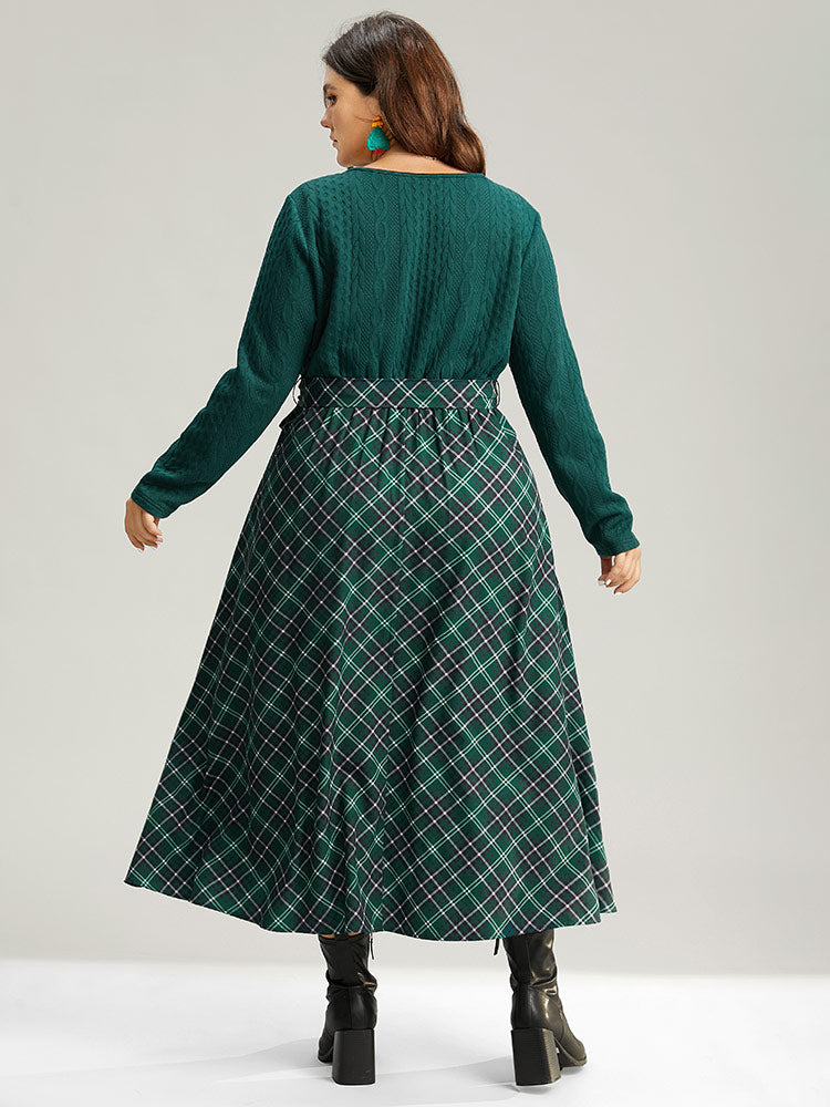 Christmas Plaid Wrap Belted Cable Knit Dress