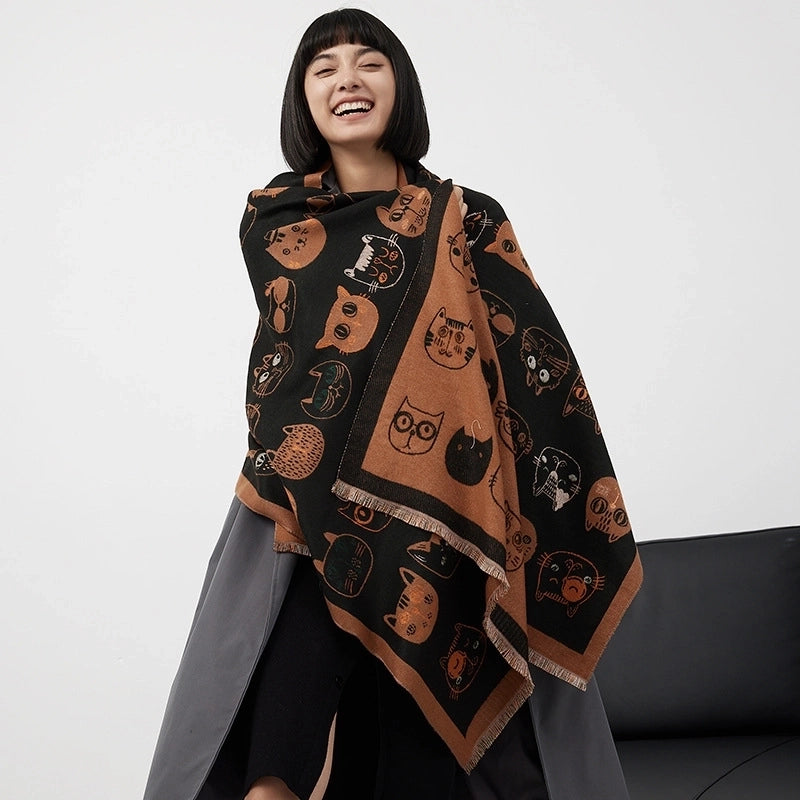 Women's Casual Cute Preppy Style Cat Imitation Cashmere Polyester Printing And Dyeing Printing Dyeing Scarf Shawl