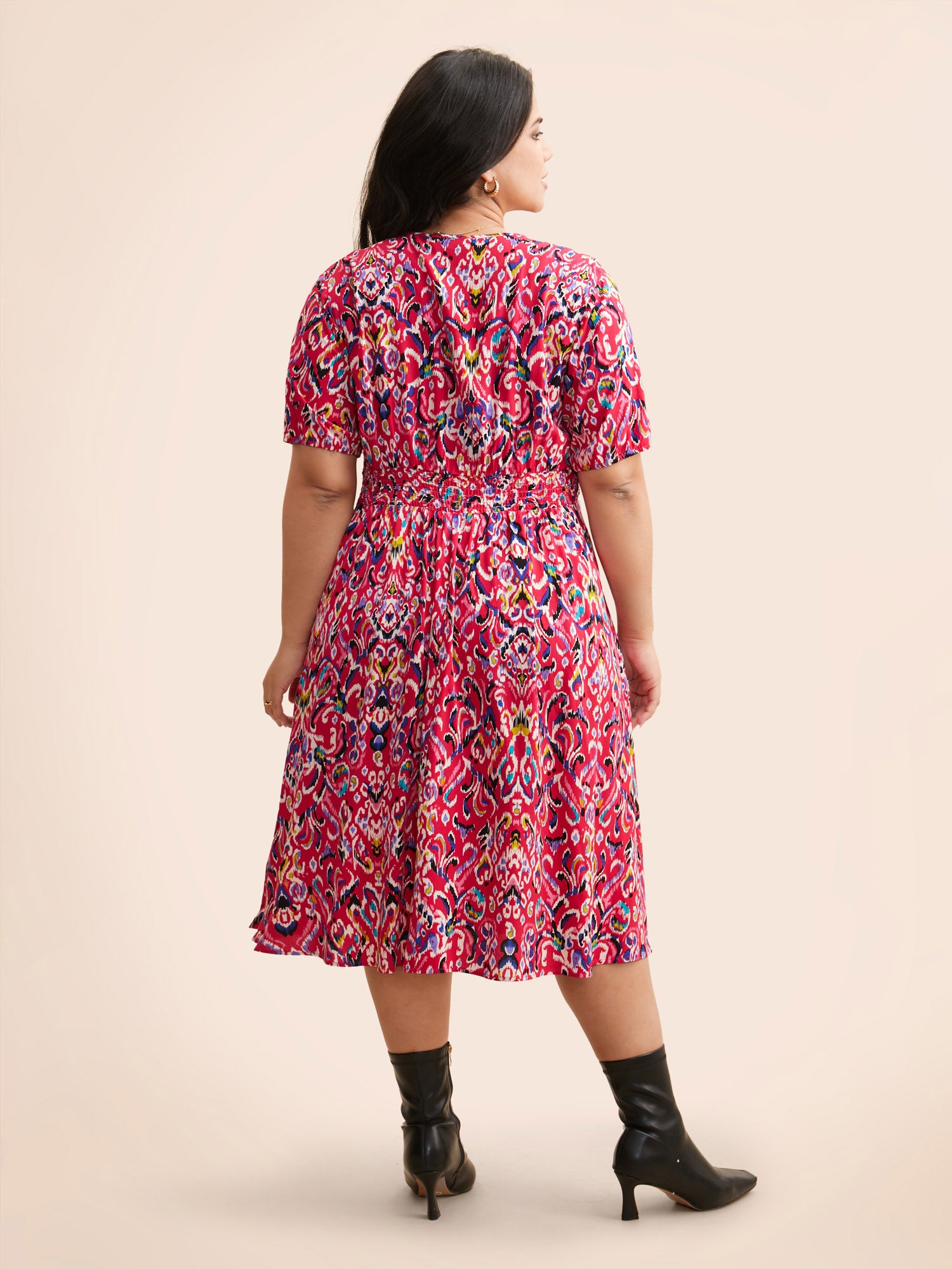 Bandana Print V Neck Shirred Gathered Dress