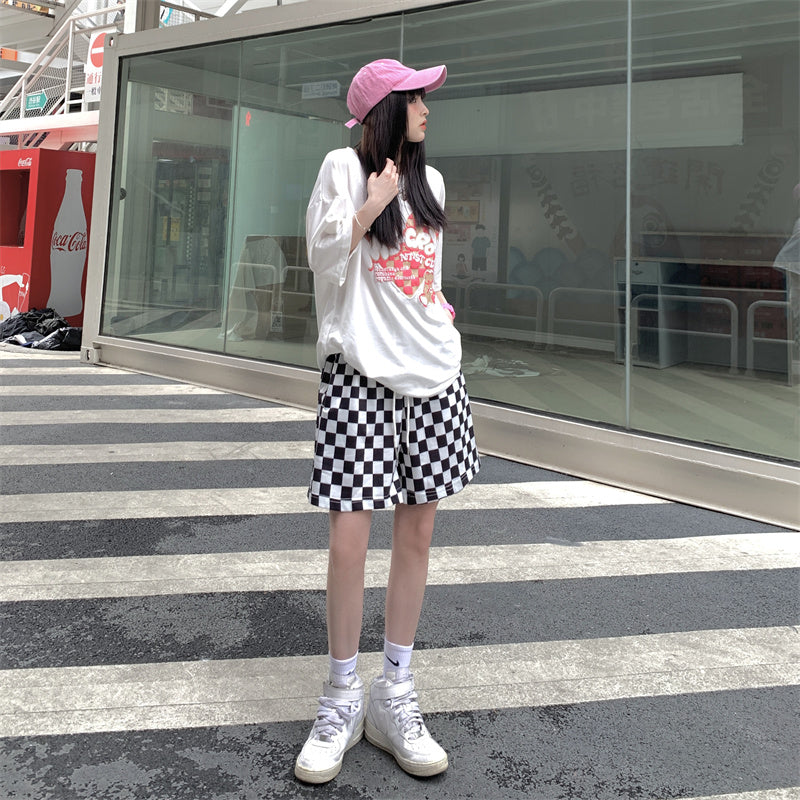 Harajuku Black and White Plaid Casual Shorts  KF2241