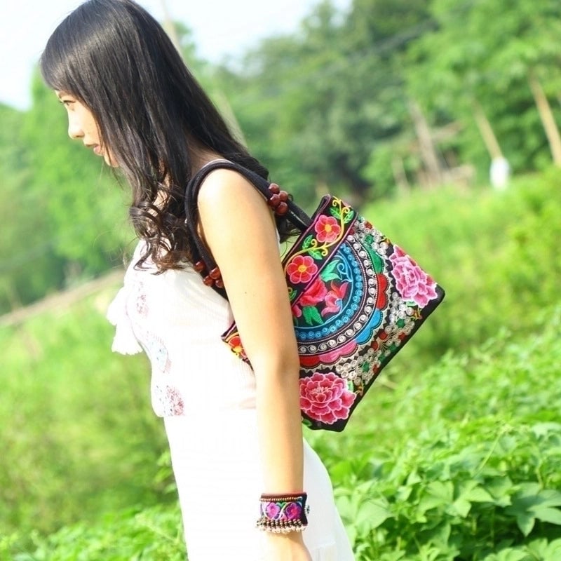 Women's Small Cotton Flower Classic Style Square Zipper Shoulder Bag