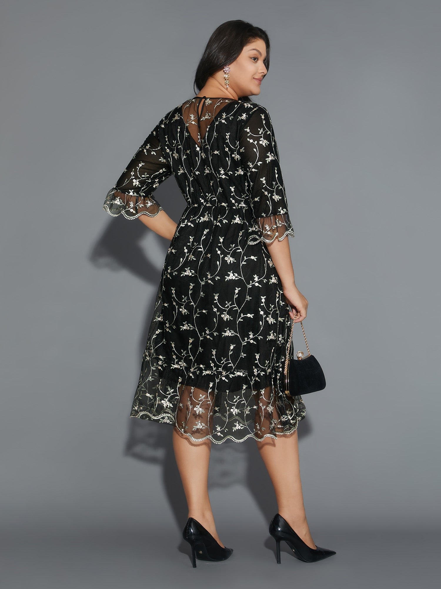 Floral Embroidered Ruffles Mesh Dress