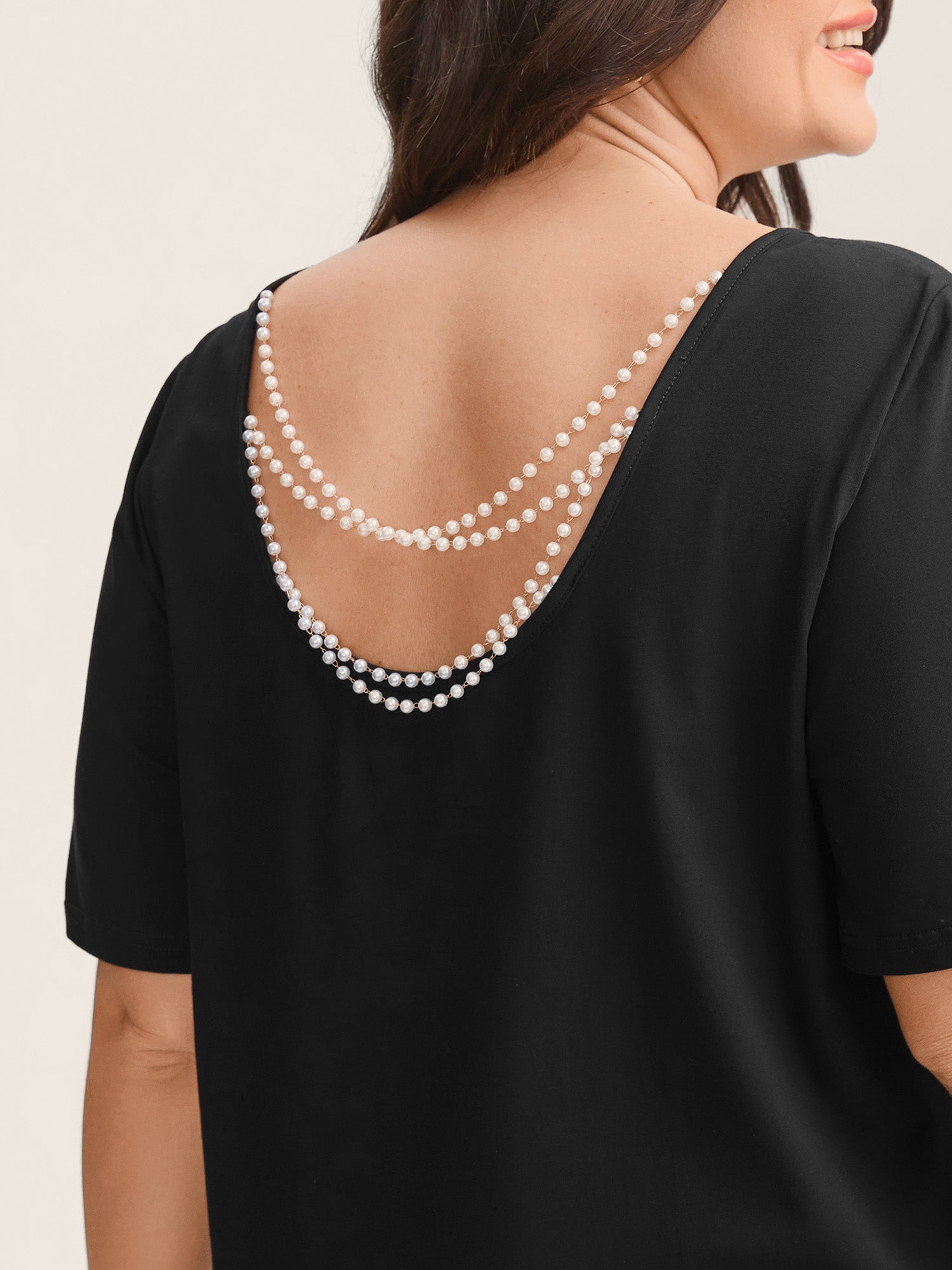 Cotton Backless Pearl Chain Stretchy T-Shirt