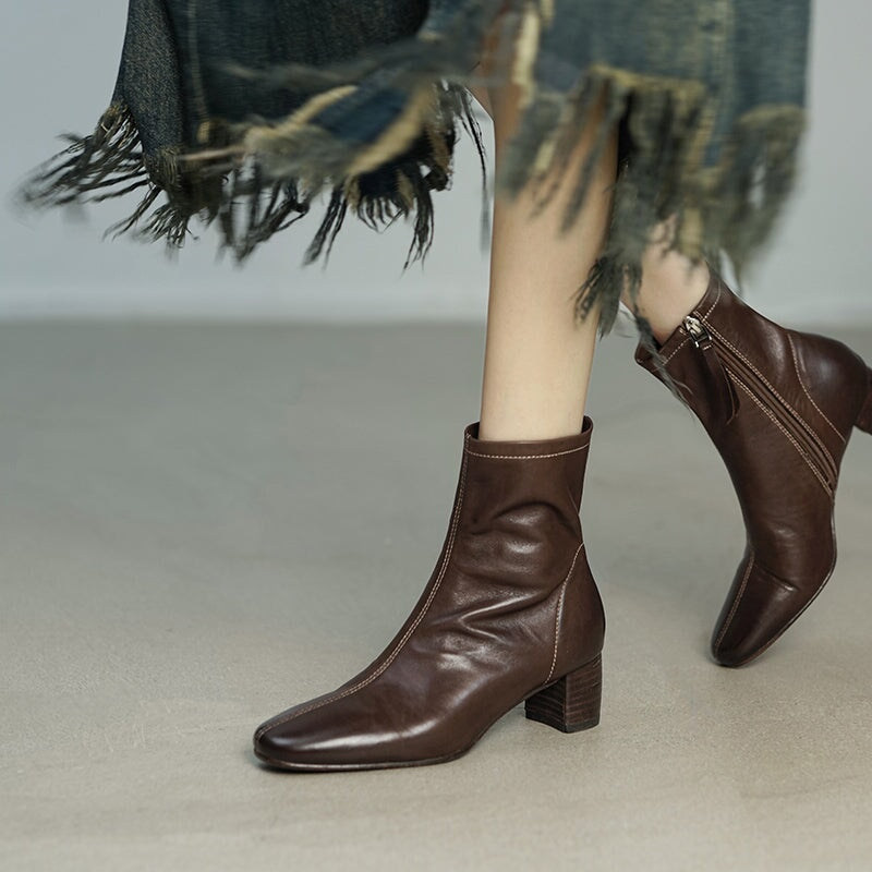 Horse Leather Western Boots Short Boots Side Zip For Women In Black/Brown/Apricot