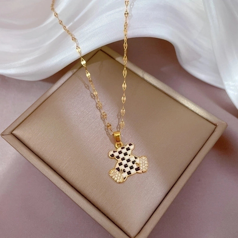 Minimalist Bear Titanium Steel Copper Plating Inlay Zircon Pendant Necklace