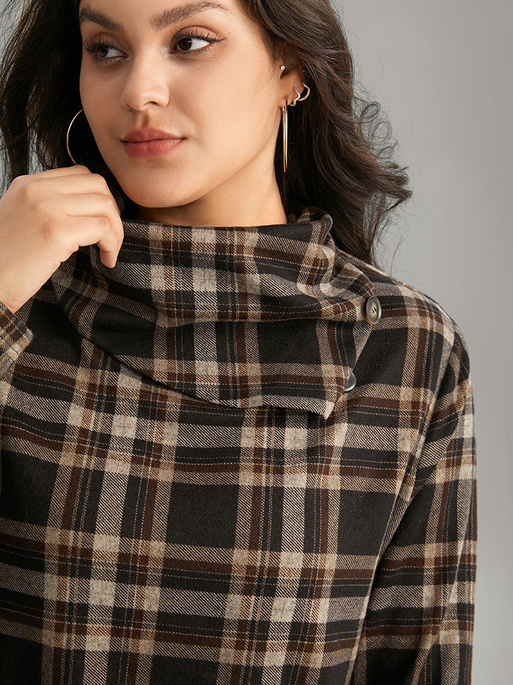 Plaid Funnel Neck Button Detail T-shirt