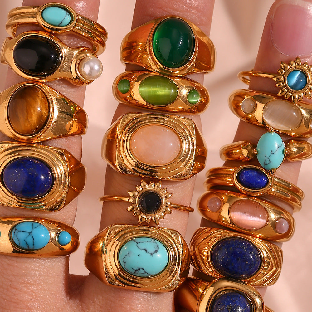 Minimalist Fashion Ellipse Quadrilateral Round Geometric Stainless Steel 18K Gold Plated Rings