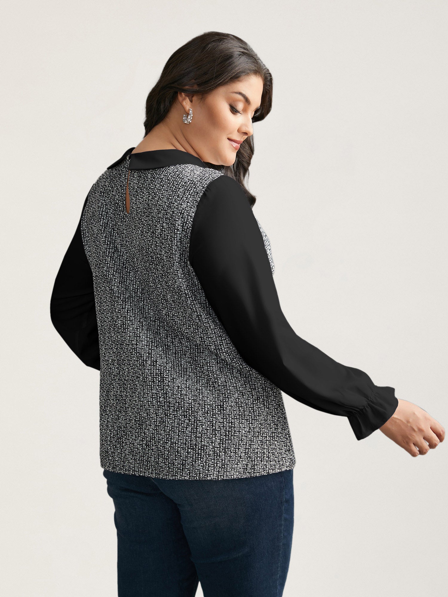 Tweed Patchwork Lantern Sleeve Blouse
