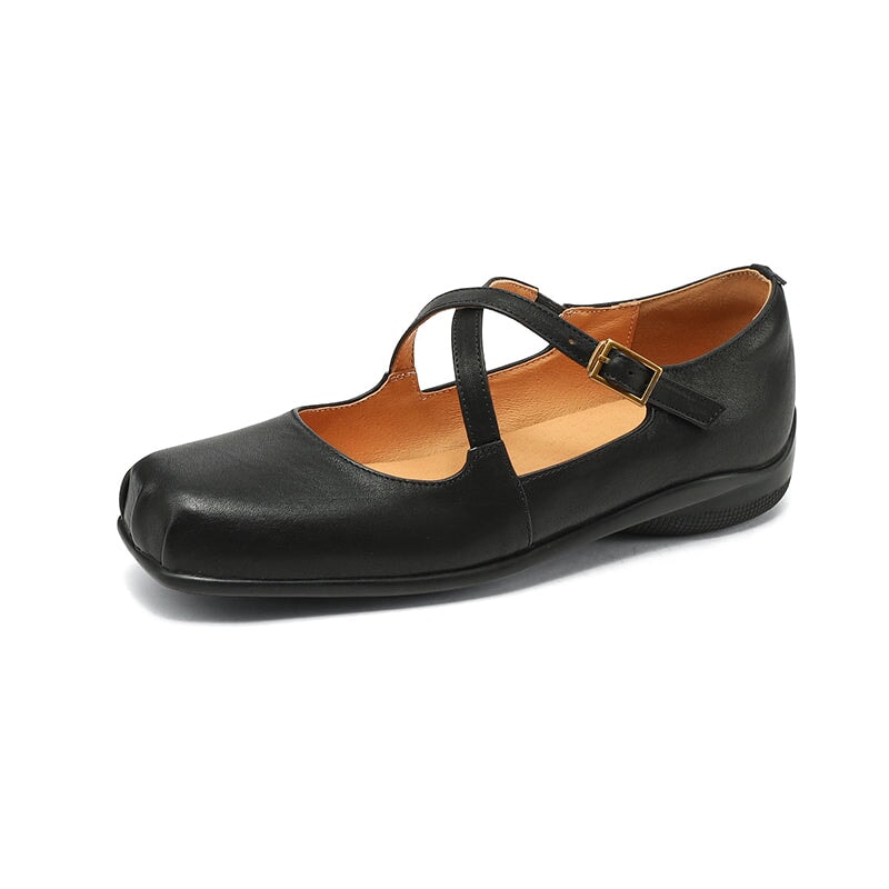 Square Toe Leather Mary Jane Ballet Flats with Cross Straps in Black/Red/Pink