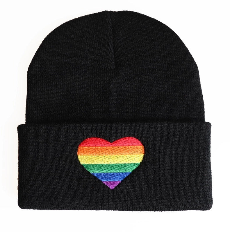 Unisex Minimalist Rainbow Heart Shape Embroidery Crimping Wool Cap
