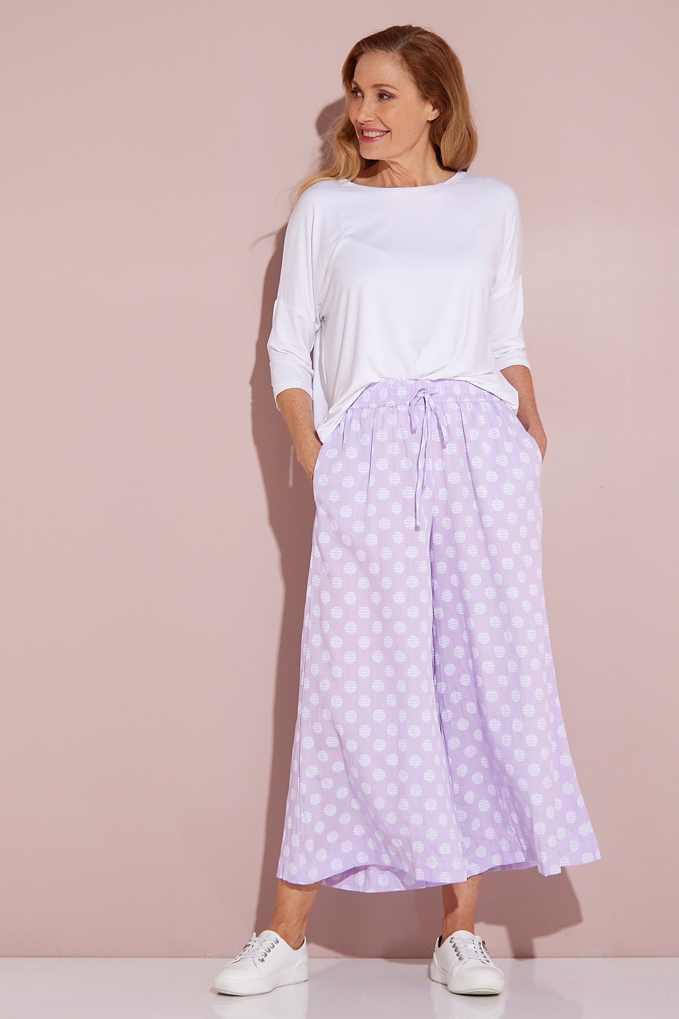 Cleo Wide Leg Drawstring Pants - Lilac/Spot