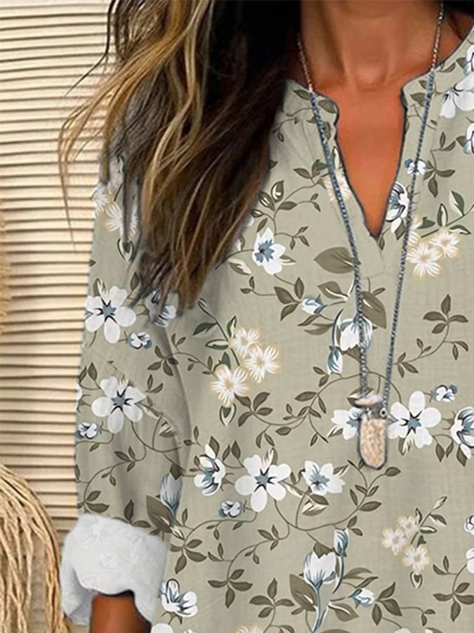 Women's Retro Floral Loose Casual Long Sleeve V-Neck Shirt