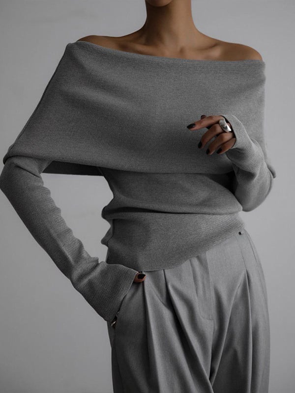 Long Sleeves Loose Solid Color Off-The-Shoulder Pullovers Sweater Tops