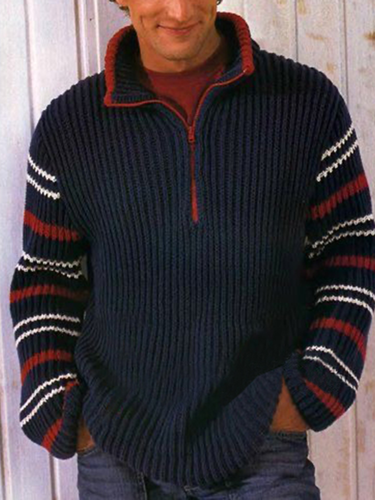 Retro Color Stripes Knit Jacquard Iceland Half Zip Neck Sweater