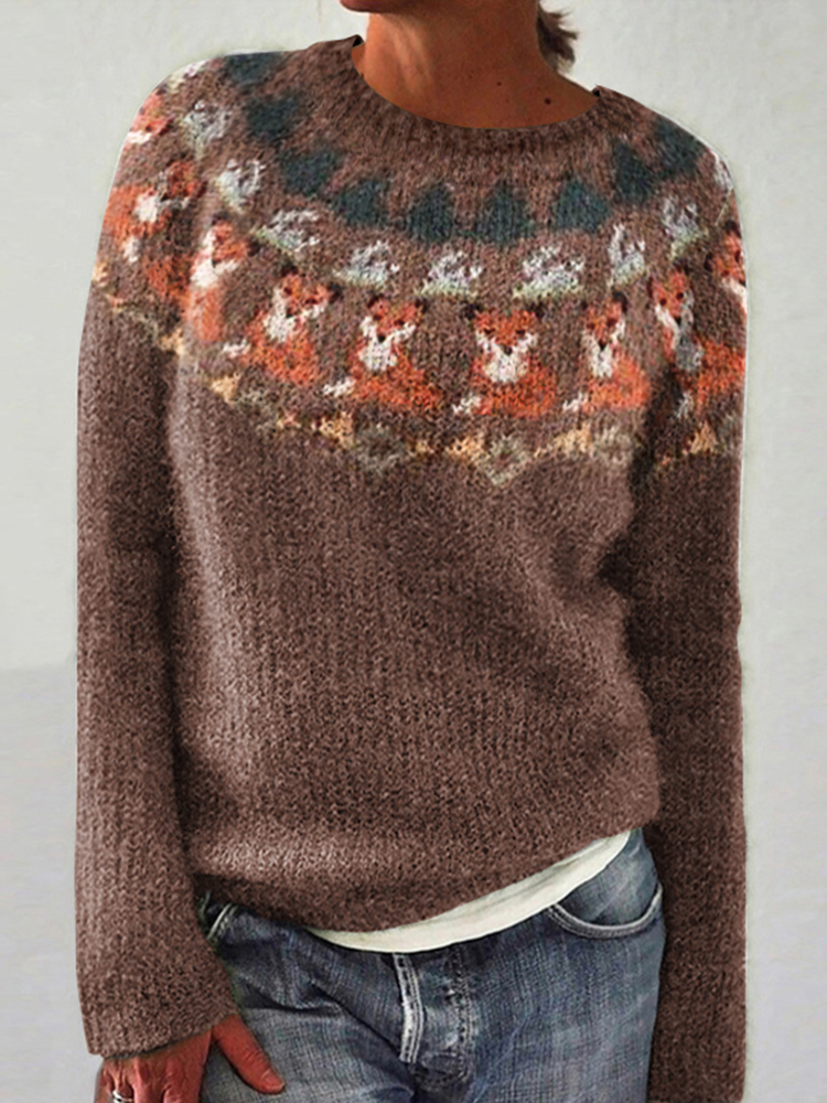 Vintage Fox Knit Jacquard Crew Neck Sweater