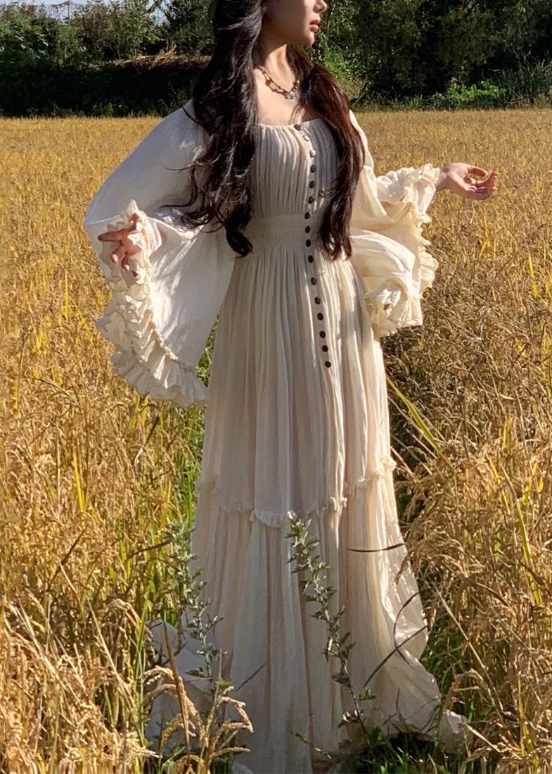 Elegant White Ruffled High Waist Cotton Maxi Dress Flare Sleeve