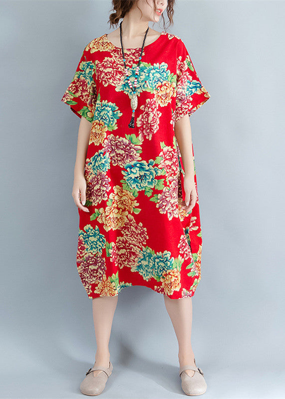 boutique red floral Midi-length linen dress plus size linen clothing dresses casual o neck short sleeve linen cotton dress