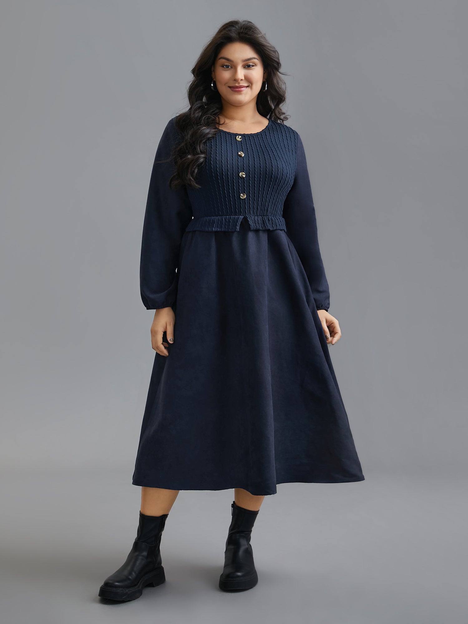 Textured Button Detail Lantern Sleeve Dress