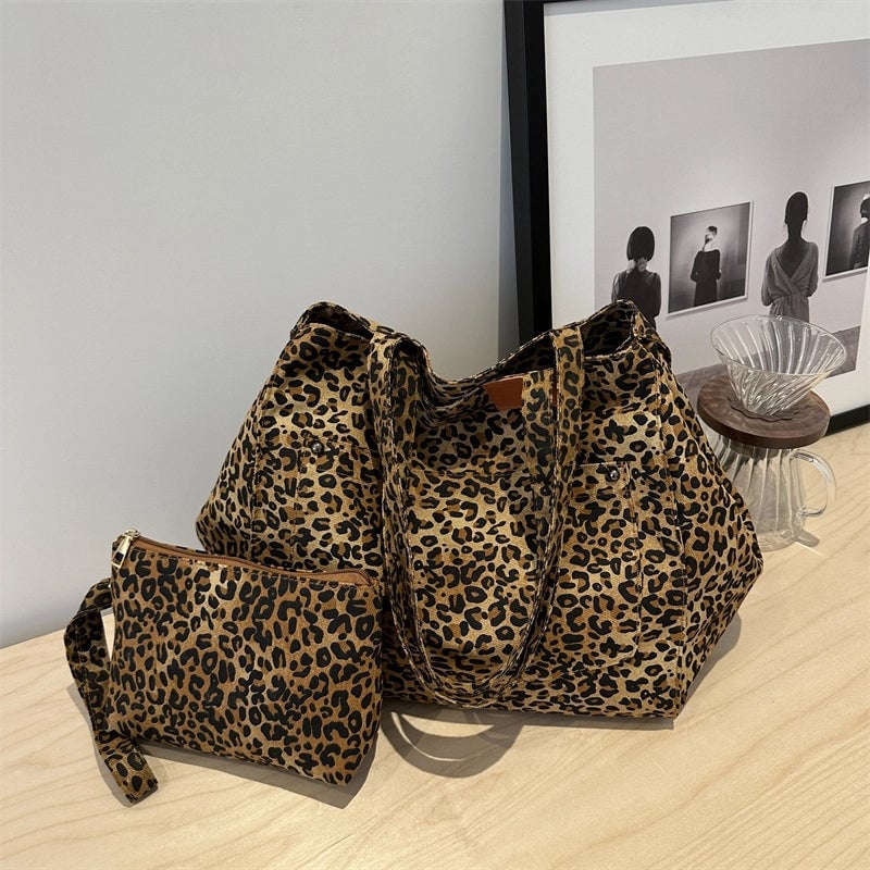 Women's Canvas Leopard Classic Style Sewing Thread Bucket Open Tote Bag