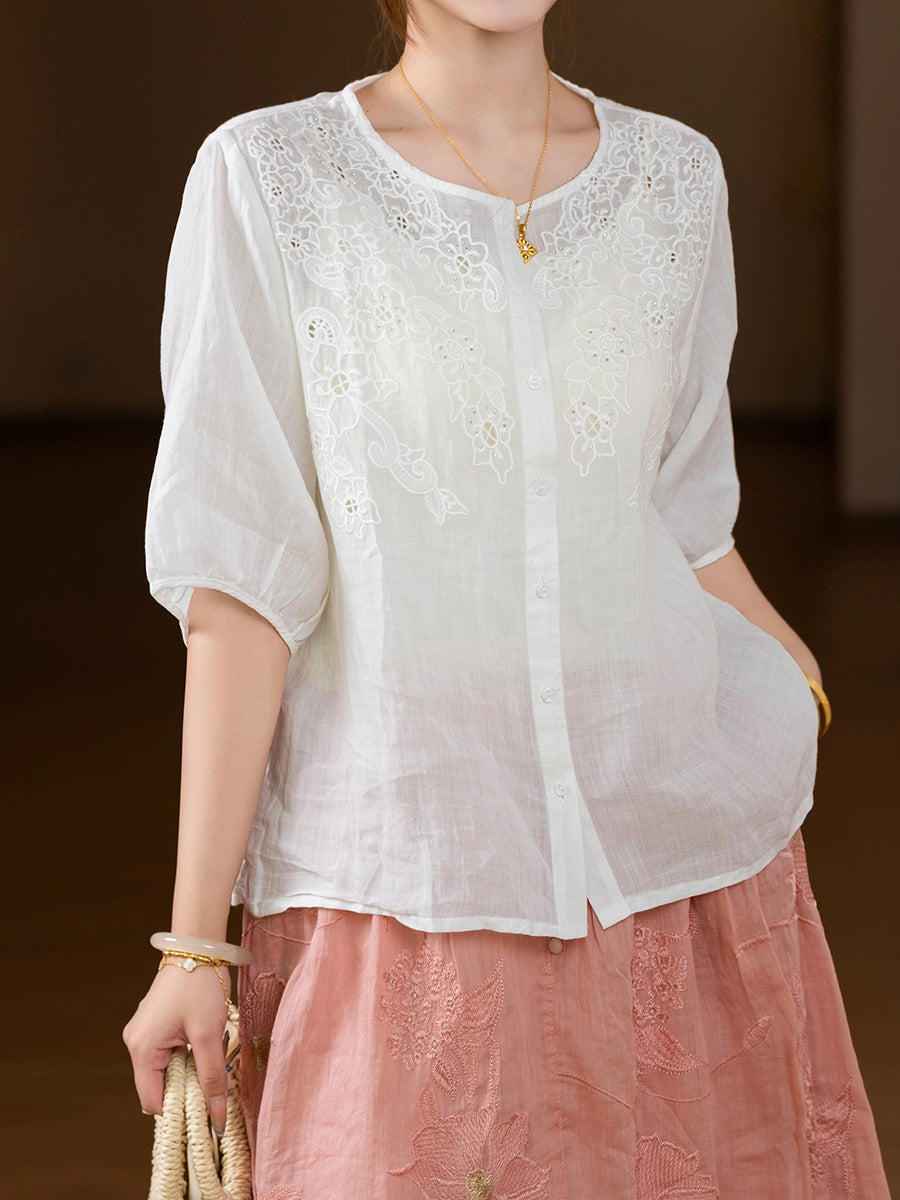 Women Summer Artsy Embroidery O-Neck 100%Ramie Shirt