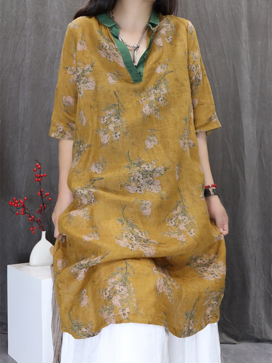 Women Summer Artsy Flower V-Neck 100%Ramie Dress