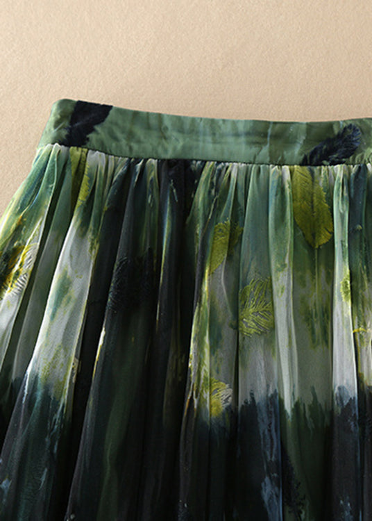 Women Green high waist Print Tulle Skirt Spring