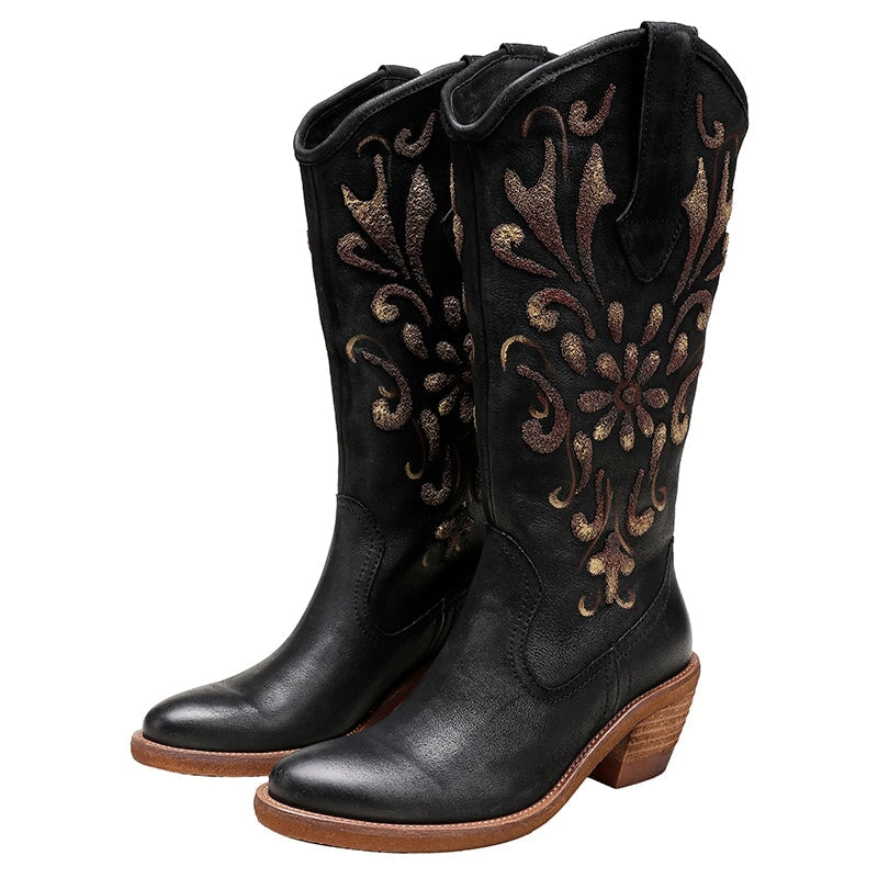 Womens Contrast Flowers Carving Western Boots Knee High Leather Cowboy Boots in Black/Coffee