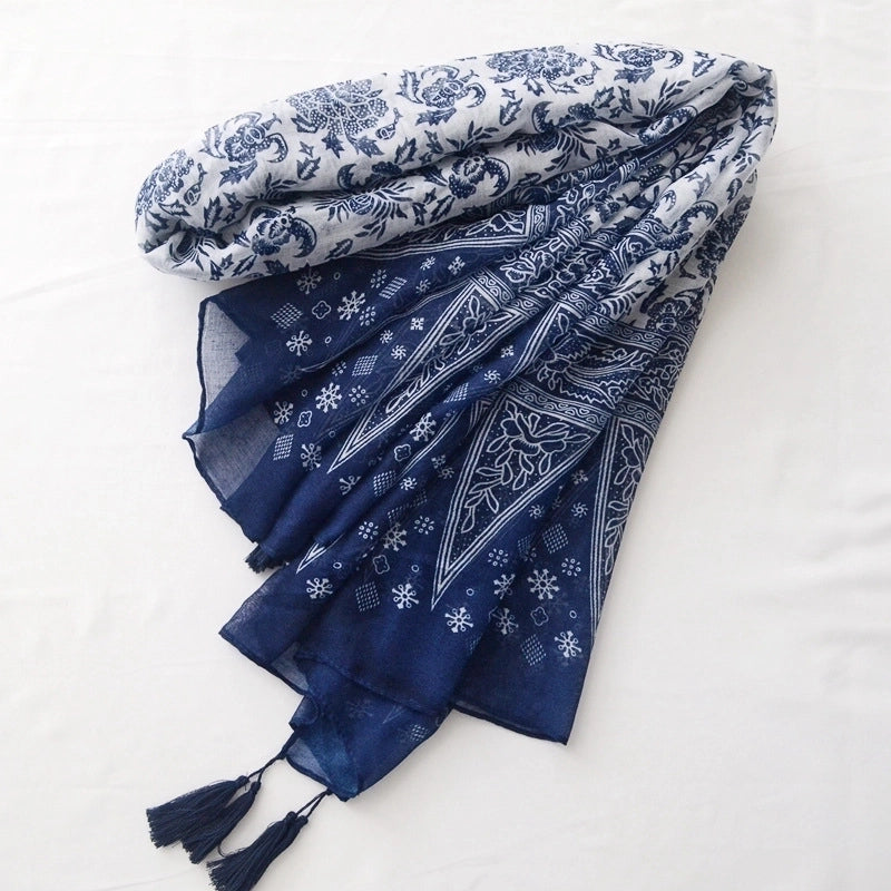 Women's Retro Ethnic Style Printing Cotton Tassel Scarf