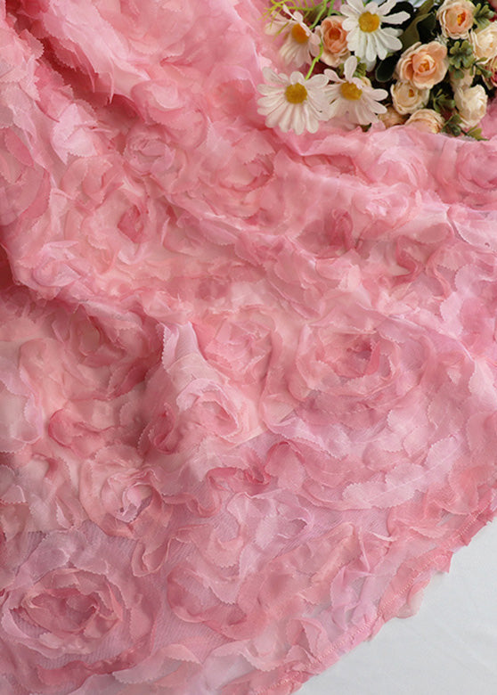 Gradient Color Pink Rose Embroidered Floral High Waist Tulle Maxi Skirt Spring