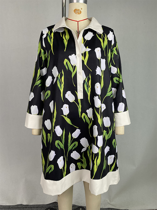 A-line Loose Buttoned Flower Print Stand Collar Mini Dresses