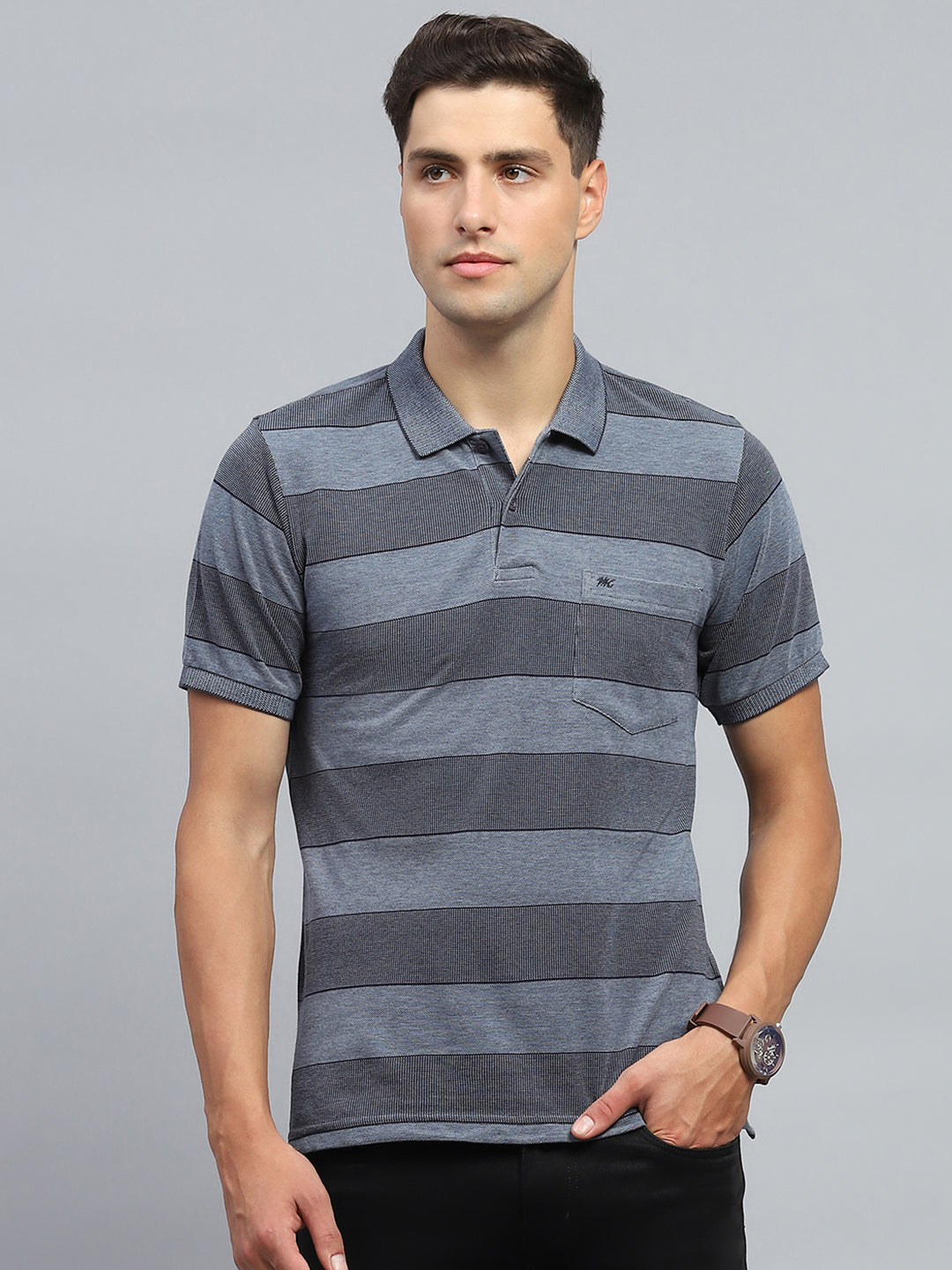 Men Grey Stripe Collar Half Sleeve T-Shirt