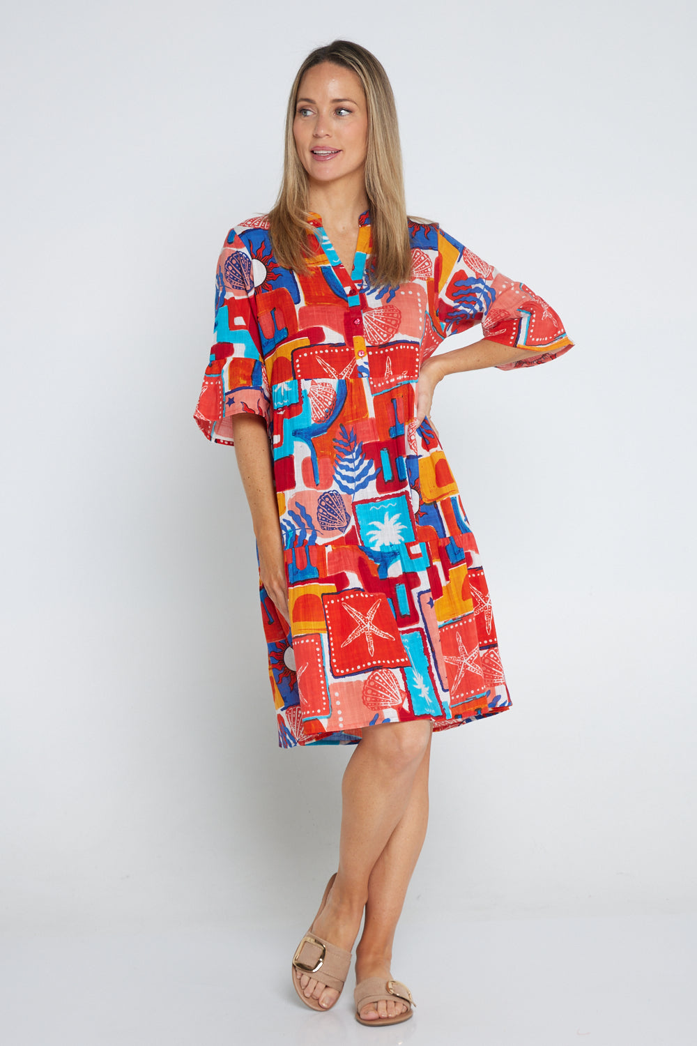 Maya Button V Neck Dress - SunSea