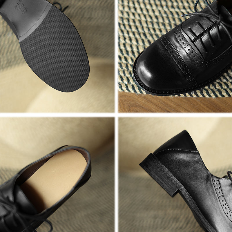 Genuine Leather Vintage Brogue Oxford Shoes Lace-Up Classic Formal Shoes in Black/Coffee/Grey