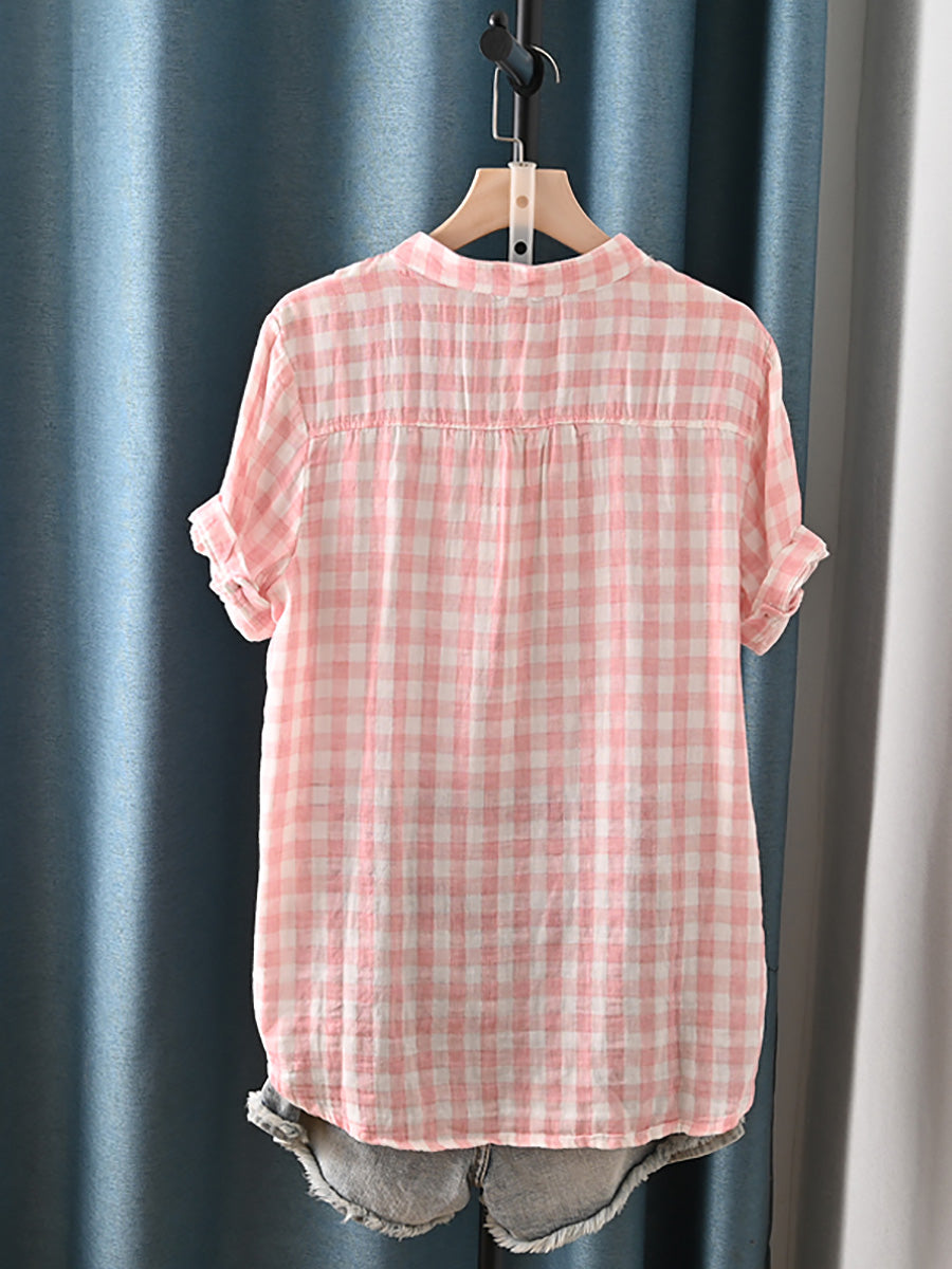 Women Summer Artsy Lattice Stand Collar 100%Cotton Shirt