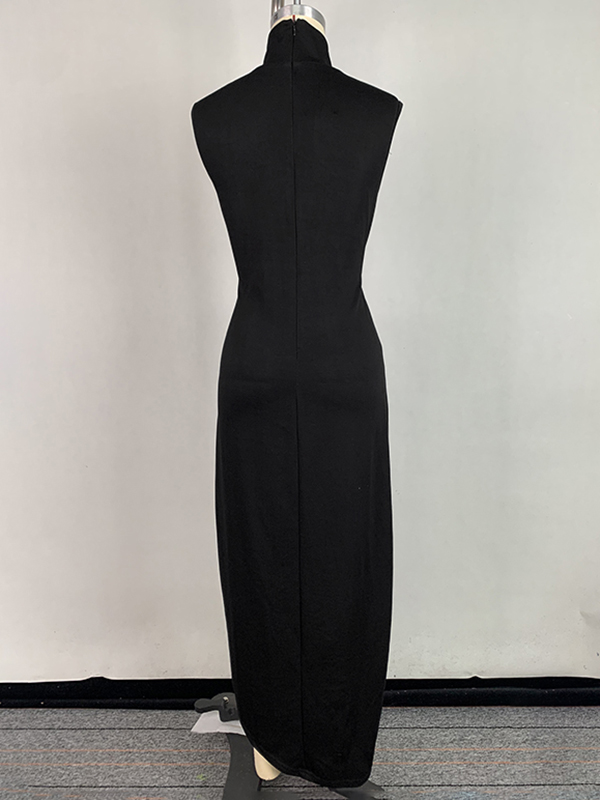 Bodycon Sleeveless Buttoned Solid Color Split-Side High Neck Maxi Dresses