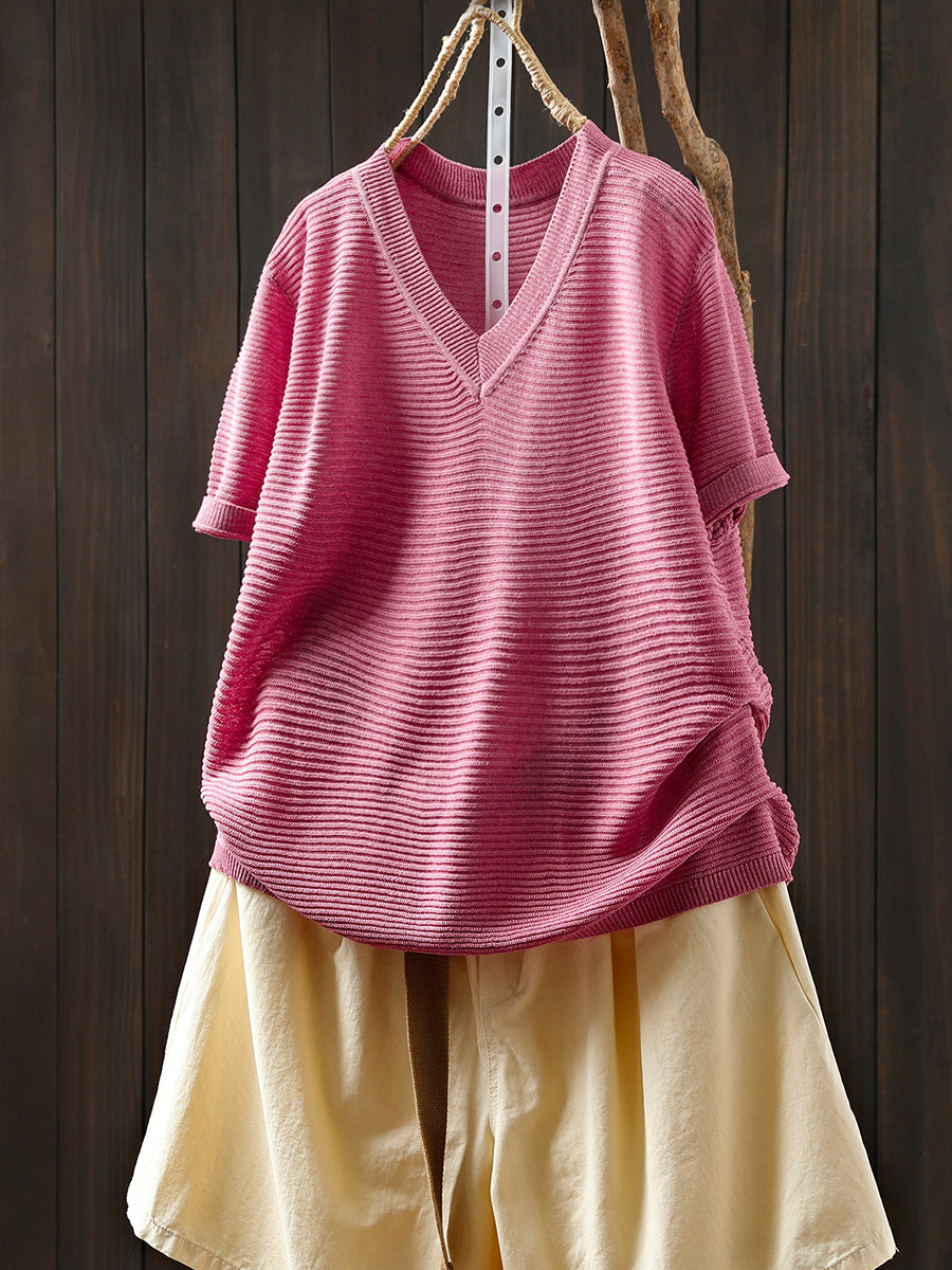 Women Summer Casual Linen Knitted V-Neck Shirt