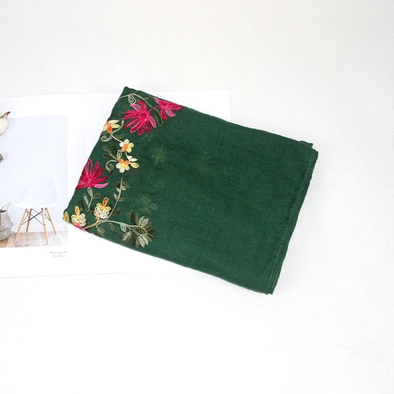 Women's Classic Style Flower Cotton And Linen Embroidery Scarf