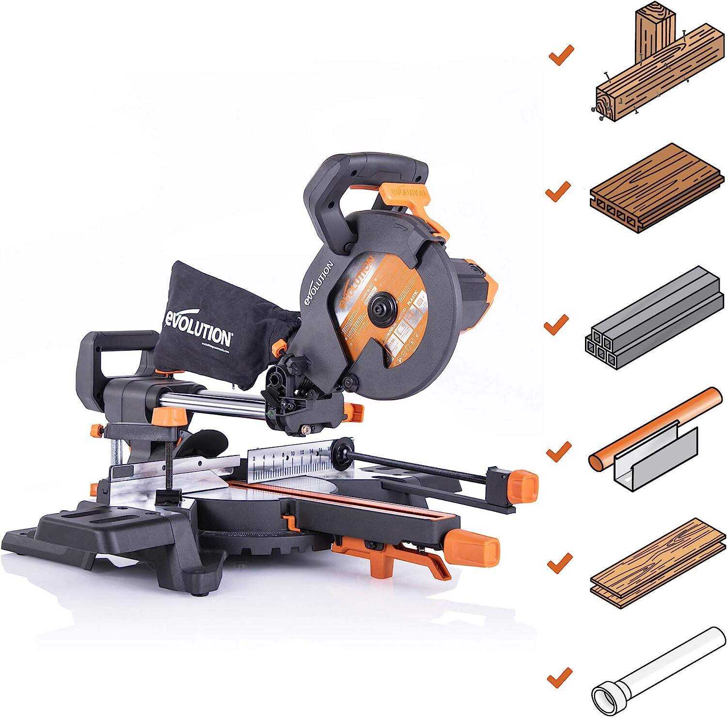 Evolution Power Tools - R210SMS-300+ Ingletadora deslizante multimaterial de 210 mm (230 V). con paquete plus. Corta acero dulce. aluminio. plástico. madera con clavos incrustados