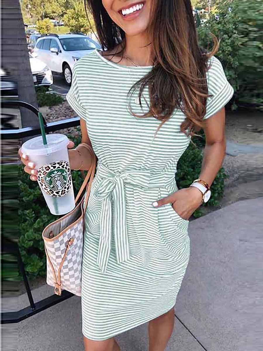 Short Sleeve Pinstripe Round Neck Casual Wear Dress