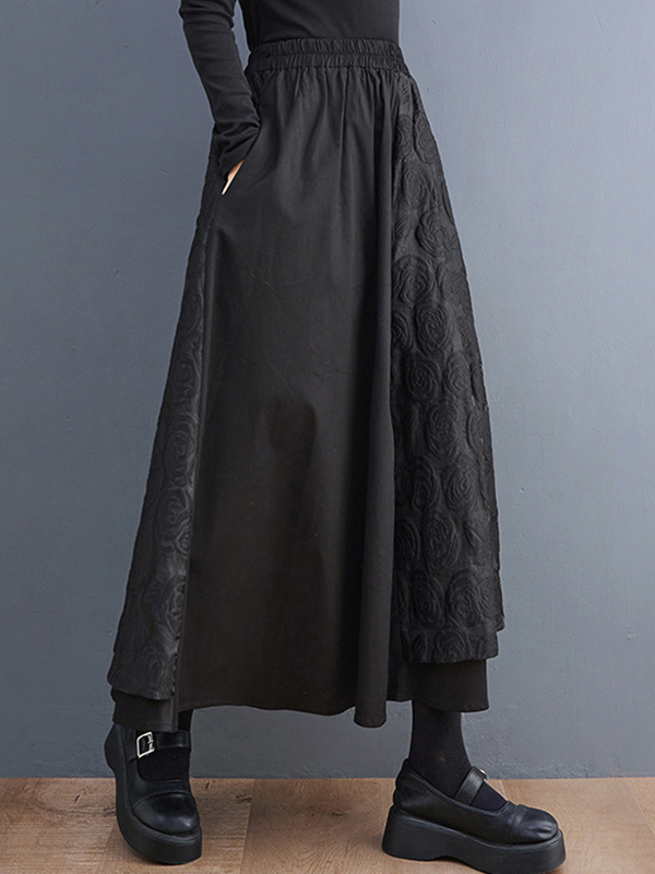 A-Line Loose Asymmetric Elasticity Jacquard Solid Color Skirts Bottoms