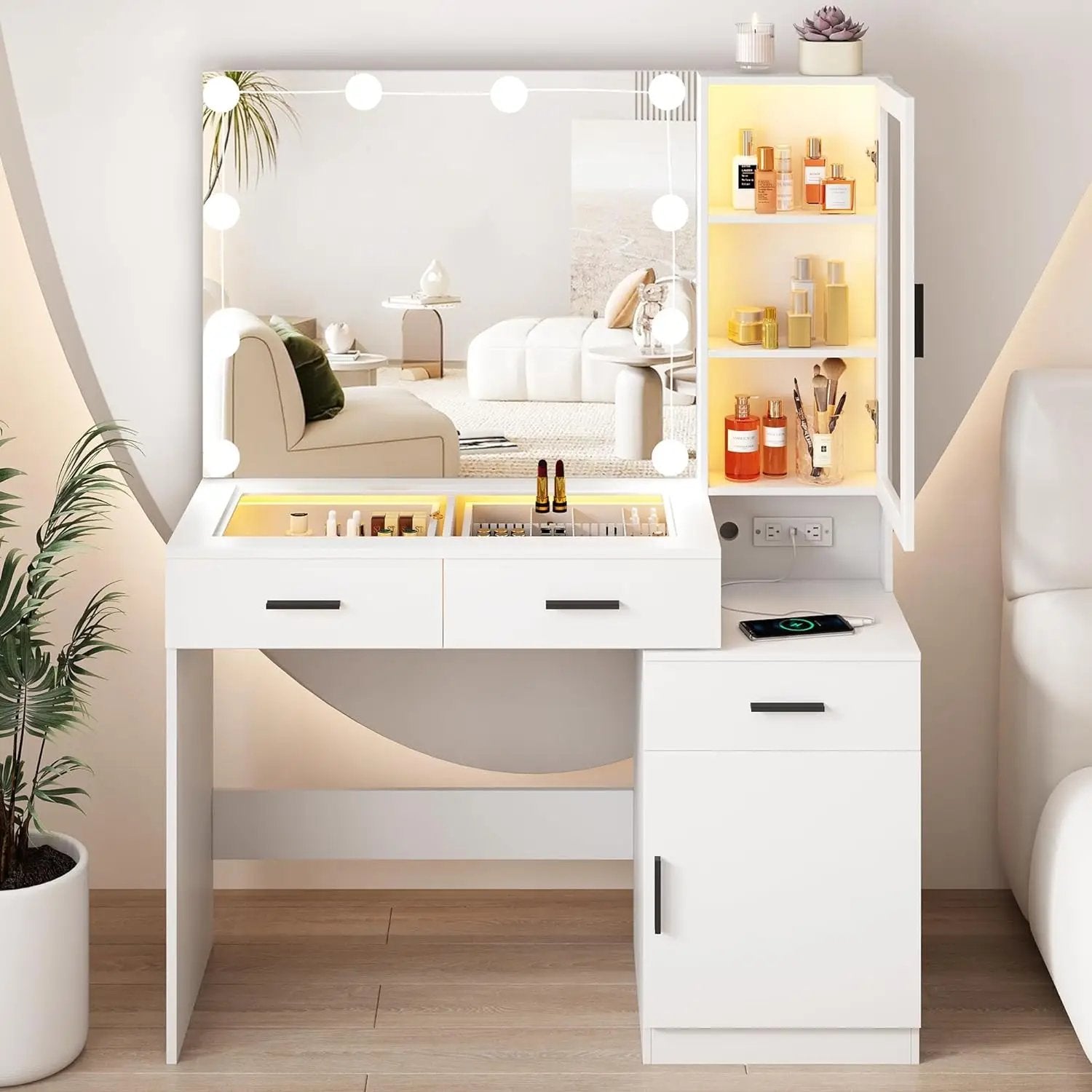 Makeup Vanity Desk with Lights and Mirror White Vanity Table Set with Charging Station