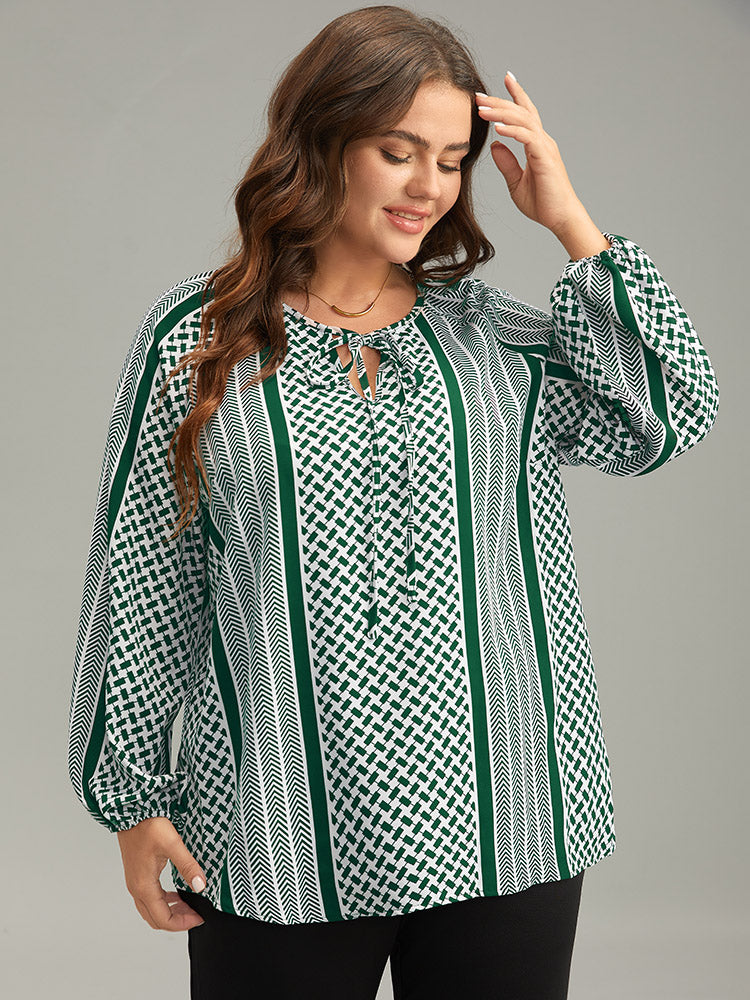 Geo Striped Tie Lantern Sleeve Blouse