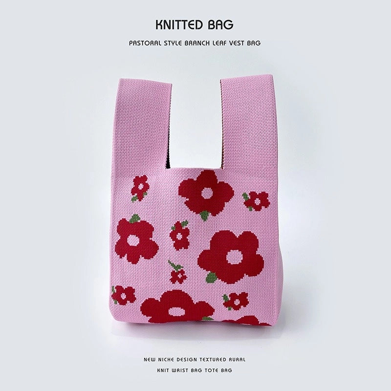 Women's Medium Knit Letter Flower Cute Vintage Style Square Open Handbag