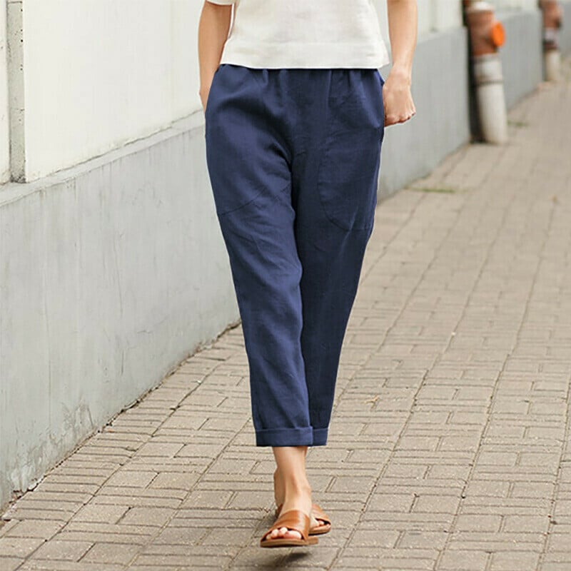 Solid Color Cotton and Linen Casual Pants with Pockets