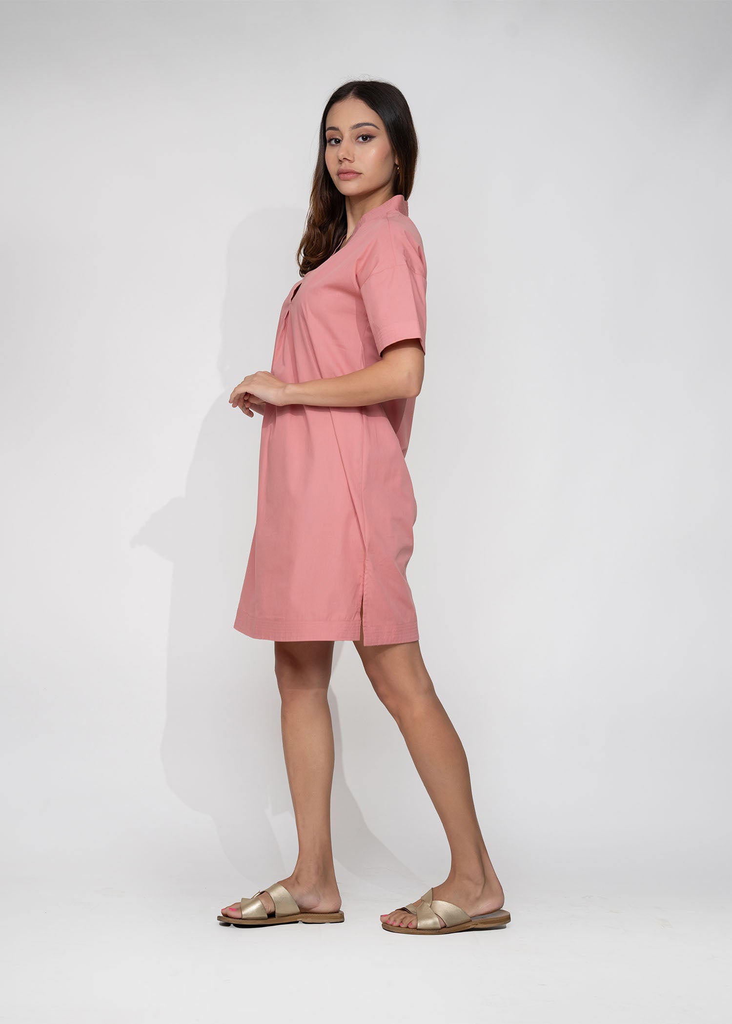 V Neck Shift Dress With Front Pleat