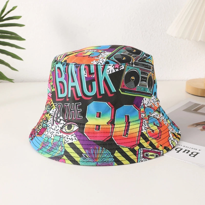 Unisex Casual Retro Artistic Letter Color Block Printing Curved Eaves Bucket Hat